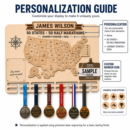 50 states half marathon medal display – personalization guide and marker icons