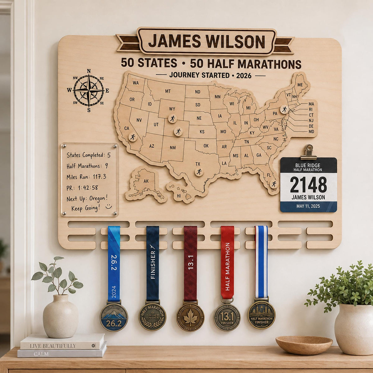 50 states half marathon medal display – full board with medals and bib