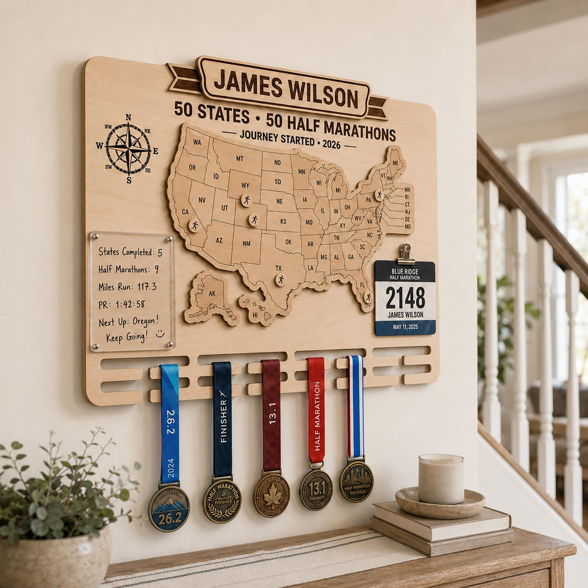 50 states half marathon medal display – in a living room