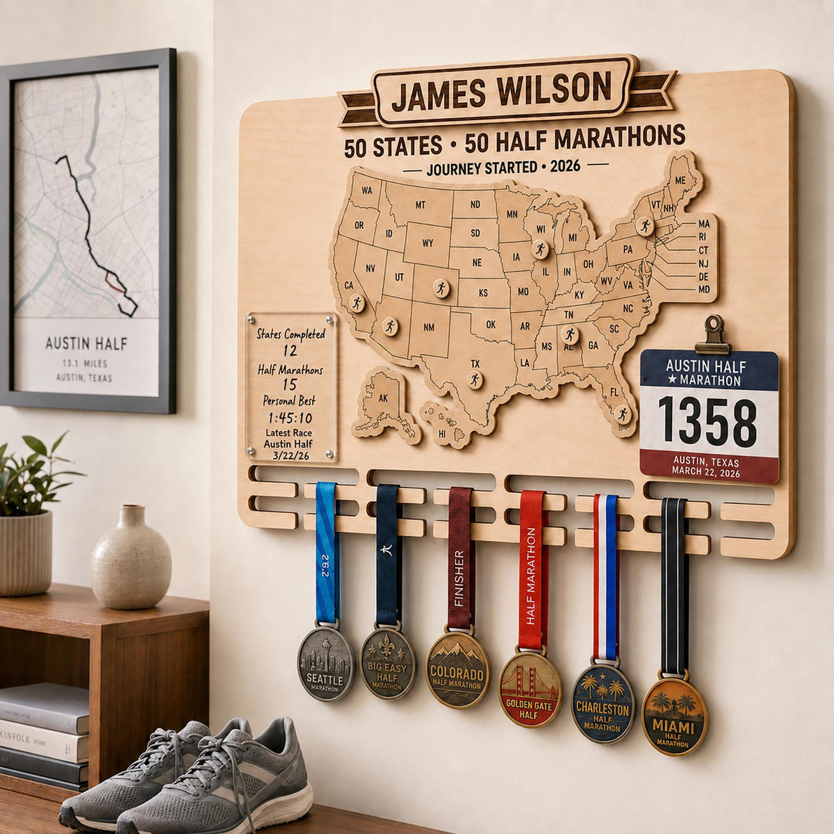 50 states half marathon medal display – on a staircase wall