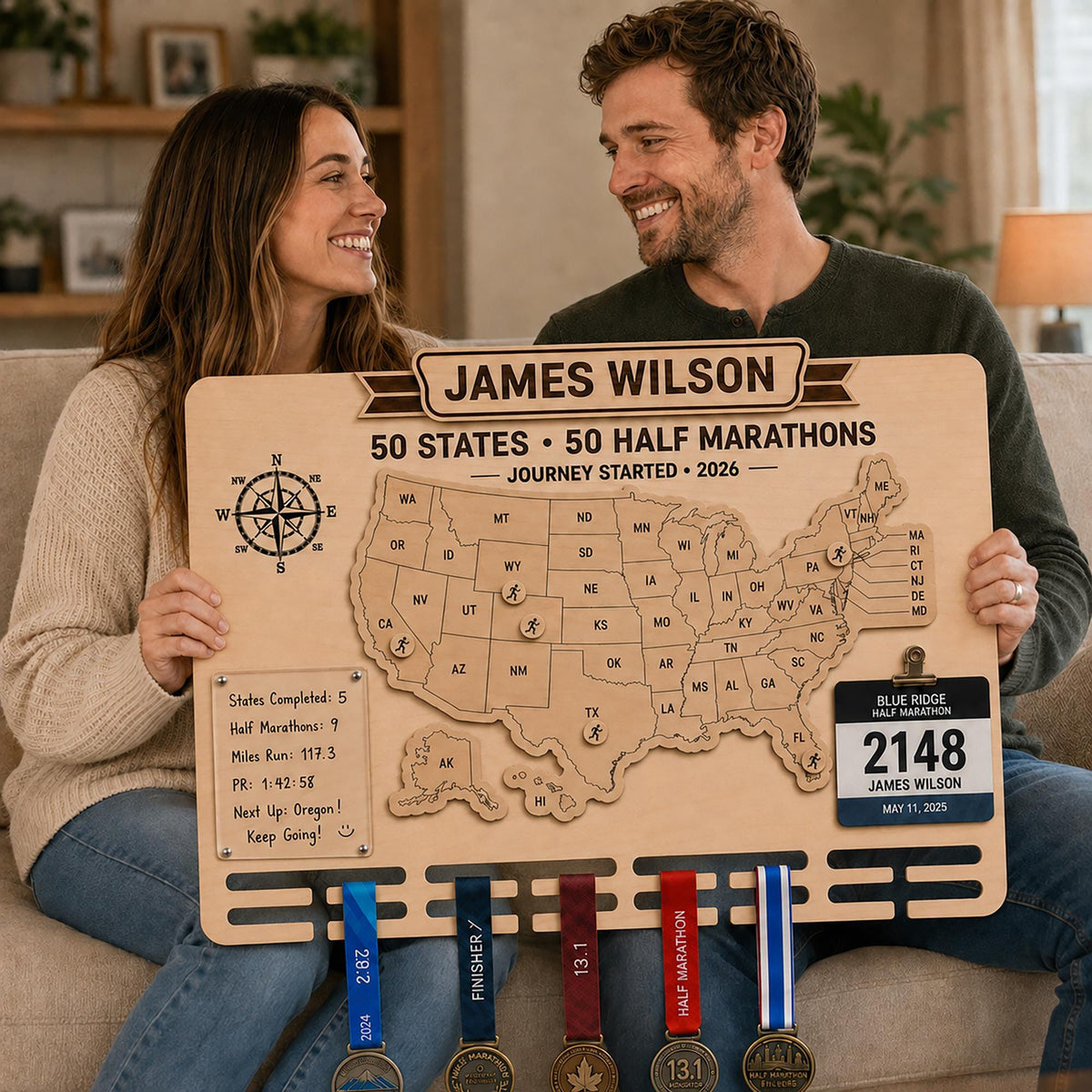 50 states half marathon medal display – couple holding the personalized map