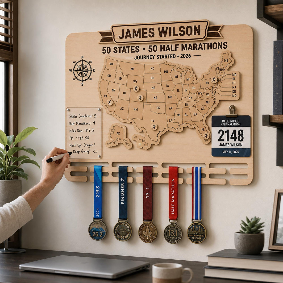50 states half marathon medal display – wooden USA map with bib rack and medals