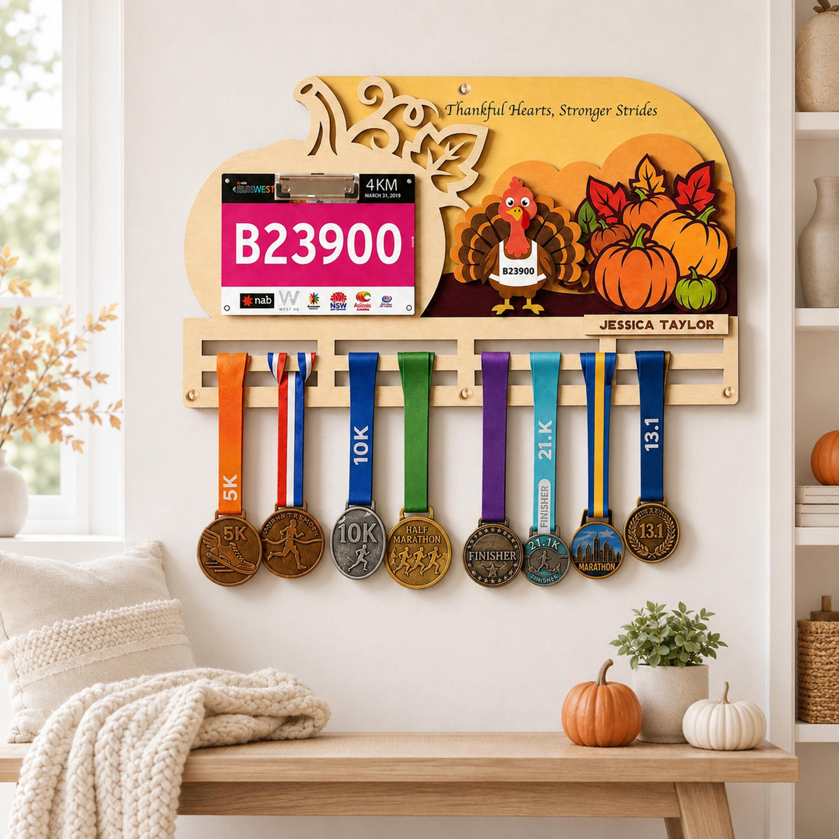 Turkey Trot medal holder – in a bright living room