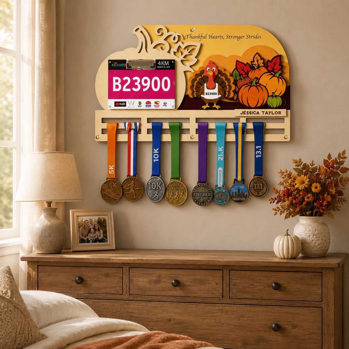 Turkey Trot medal holder – above a console table