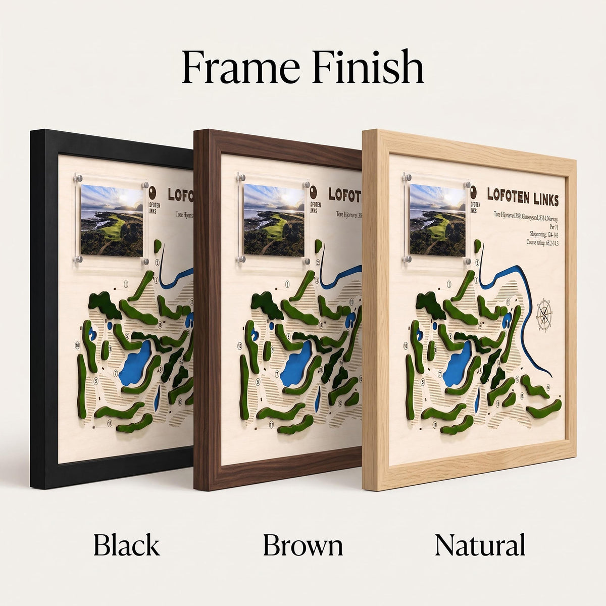 Custom golf course map with photo – black, brown and natural frame finish