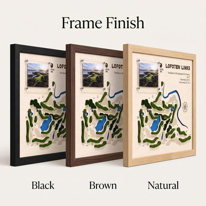Custom golf course map with photo – black, brown and natural frame finish