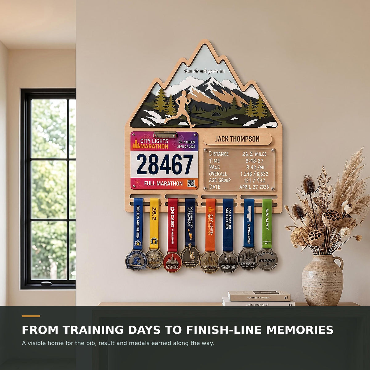 Mountain runner medal holder with race stats board – in a bright living room