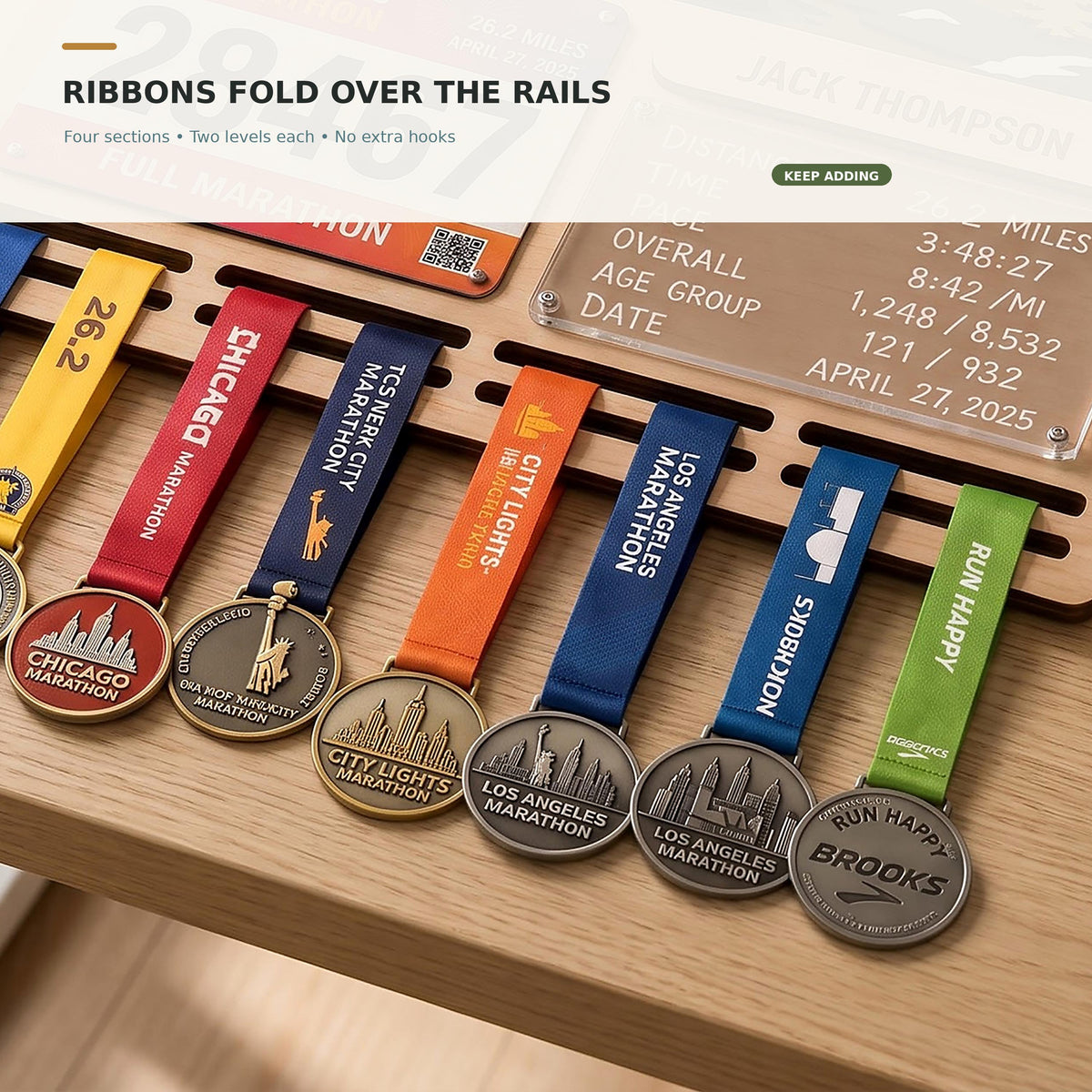Mountain runner medal holder with race stats board – medal rails close-up