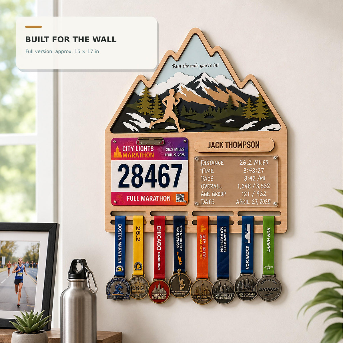 Mountain runner medal holder with race stats board – made for the wall