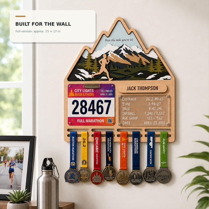 Mountain runner medal holder with race stats board – made for the wall