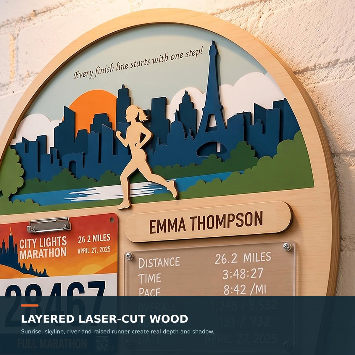 Arch running medal hanger with stats board – layered skyline and runner close-up