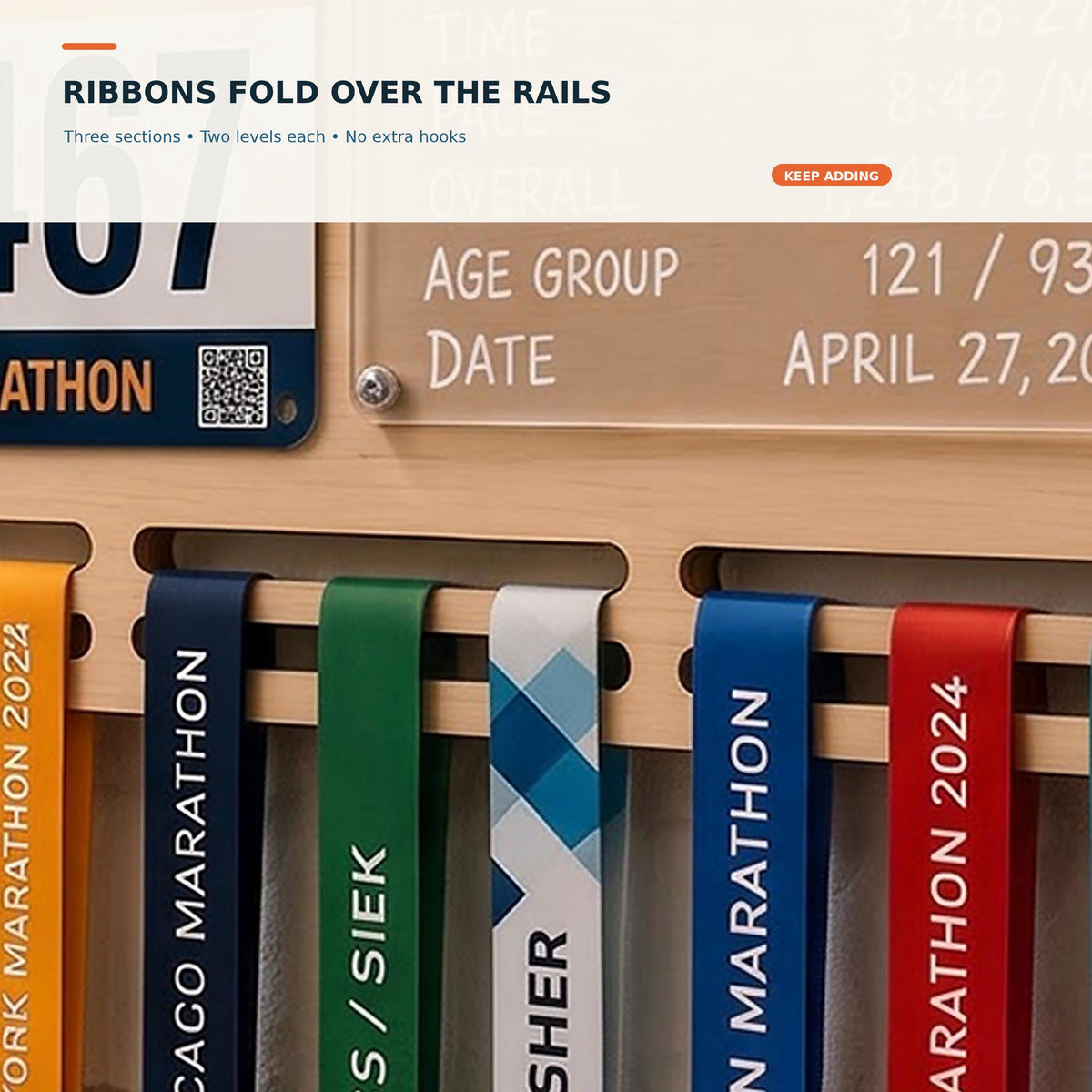 Arch running medal hanger with stats board – stats board with age group and date