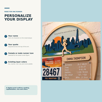 Arch running medal hanger with stats board – personalize your display