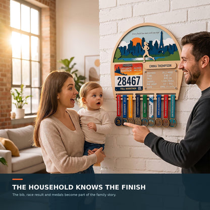 Arch running medal hanger with stats board – family looking at the finish times
