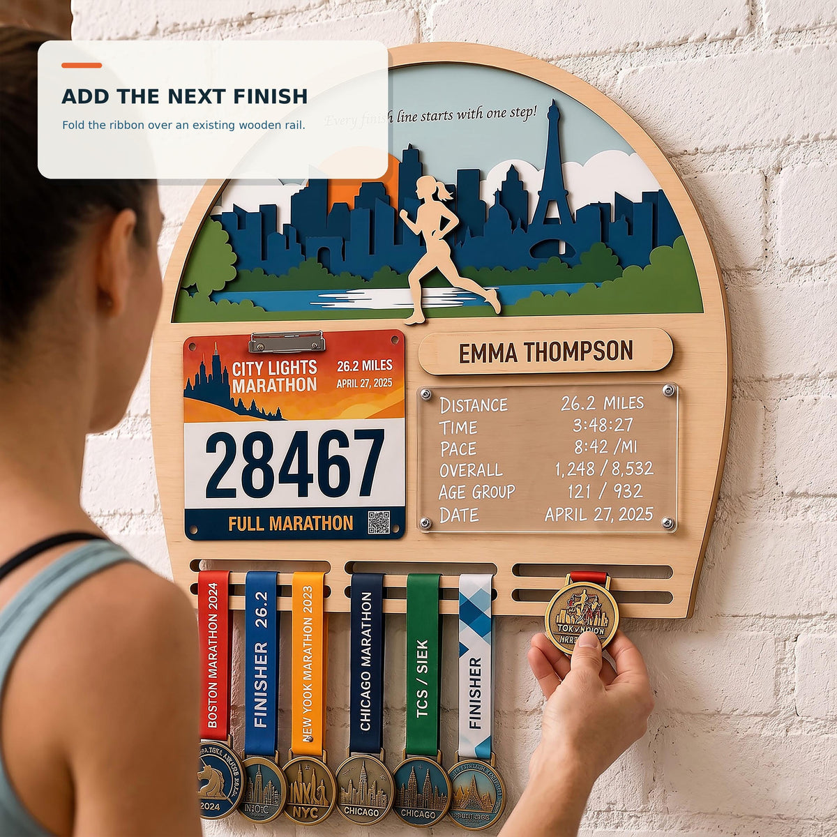 Arch running medal hanger with stats board – runner hanging his next medal