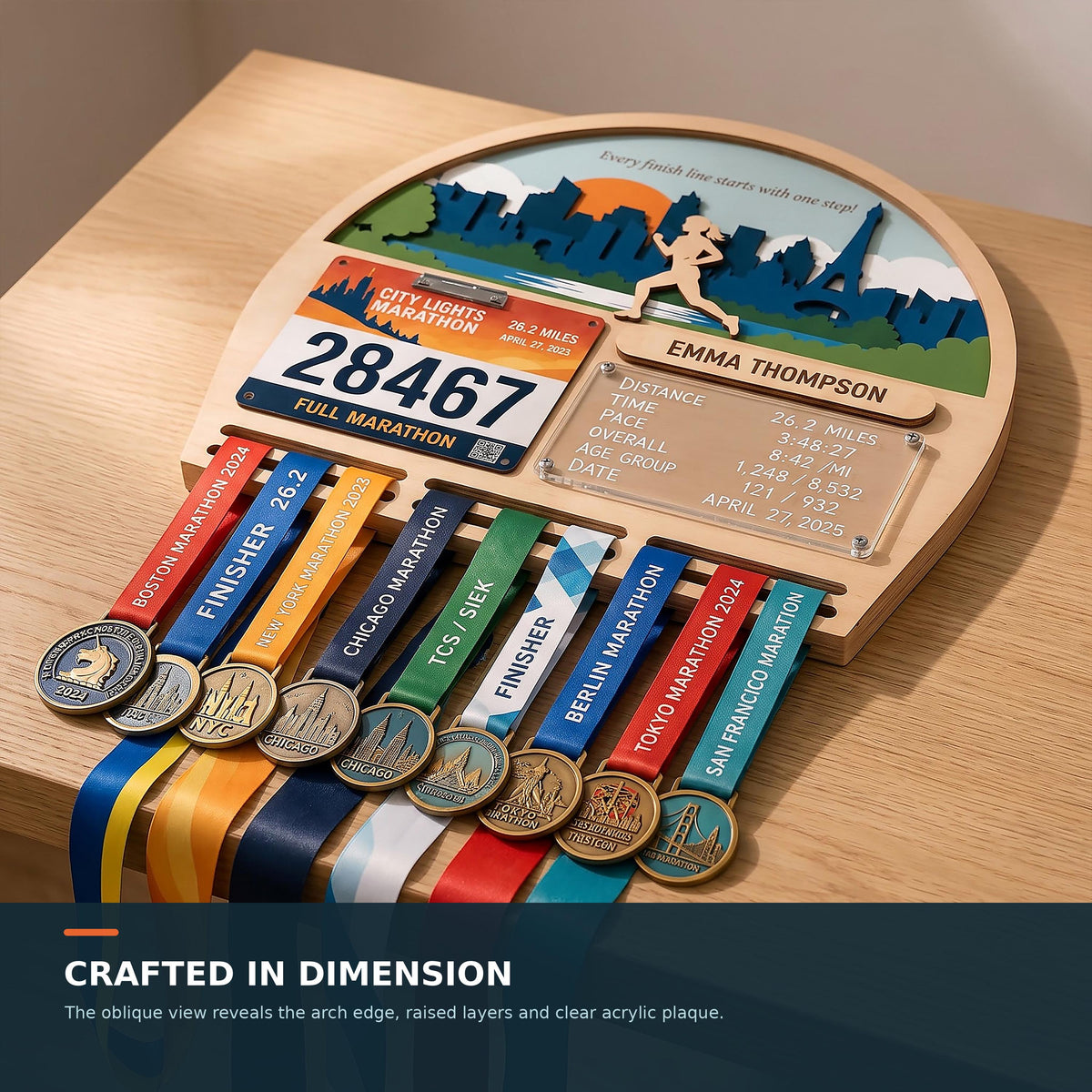 Arch running medal hanger with stats board – medals hanging in layered wood