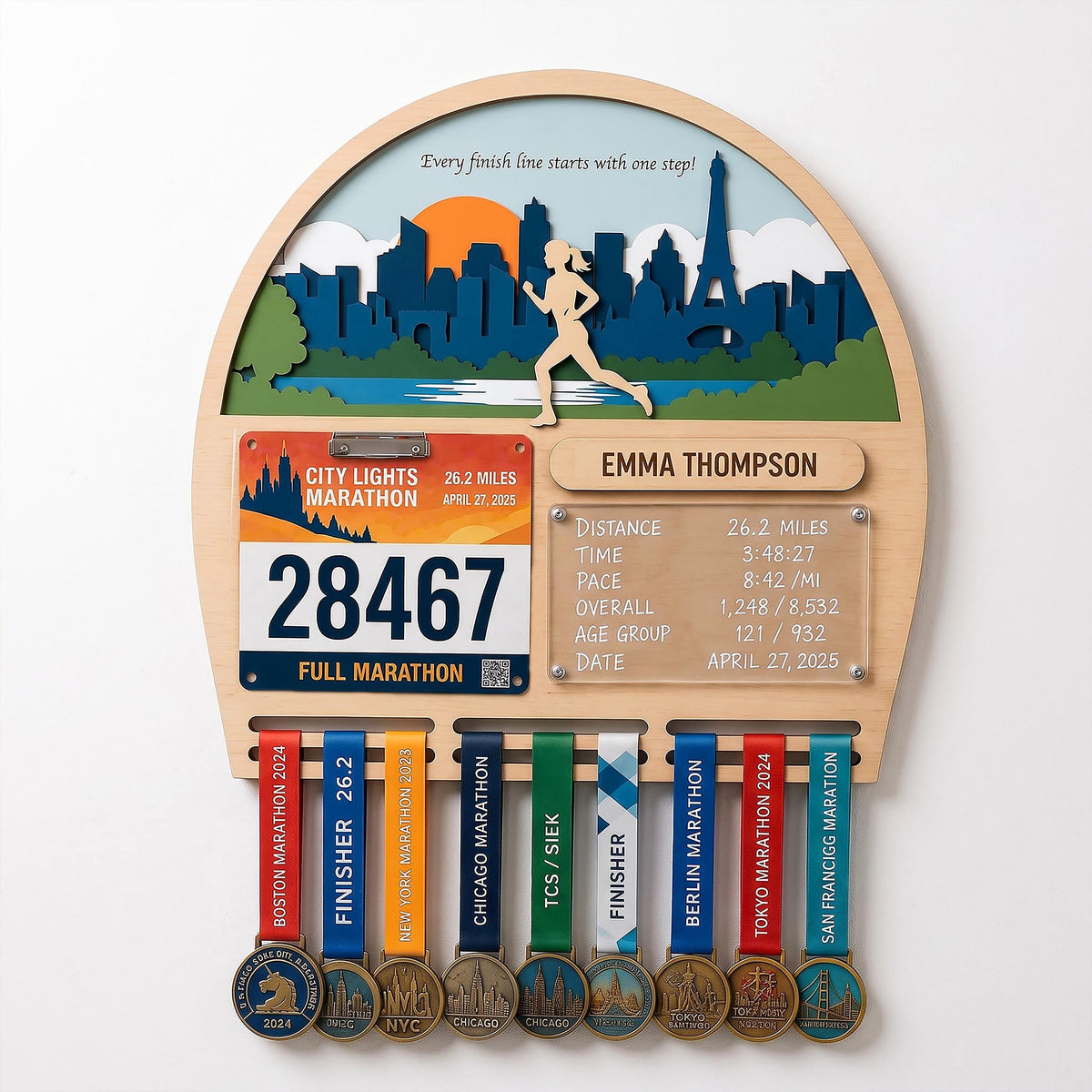 Arch running medal hanger with stats board – skyline arch with bib and medals