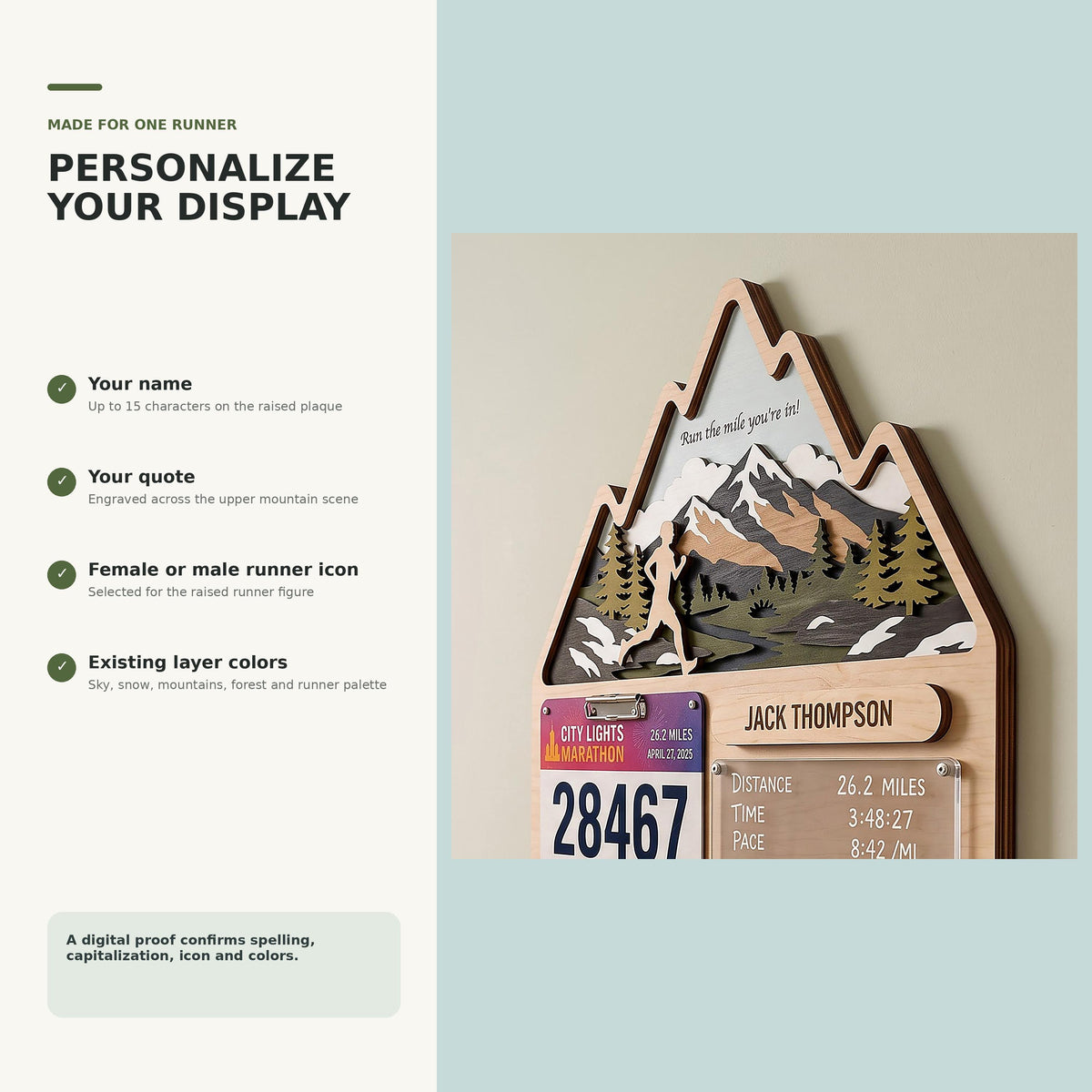 Mountain runner medal holder with race stats board – personalize your display