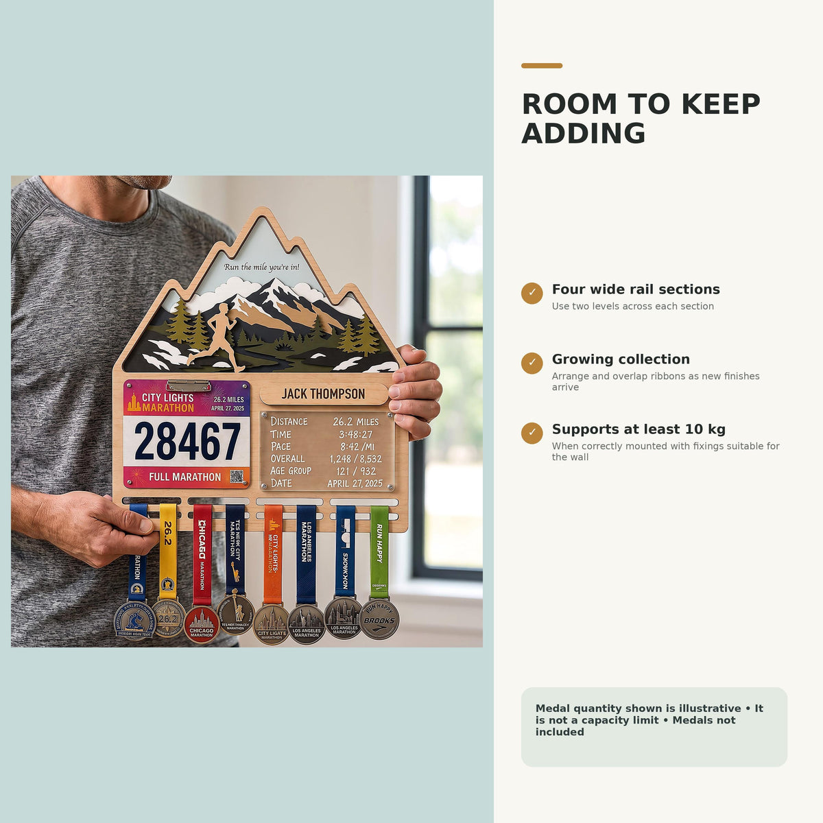 Mountain runner medal holder with race stats board – room to keep adding medals
