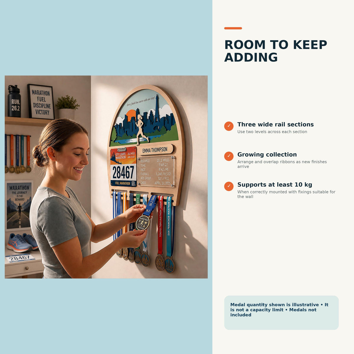 Arch running medal hanger with stats board – room to keep adding medals