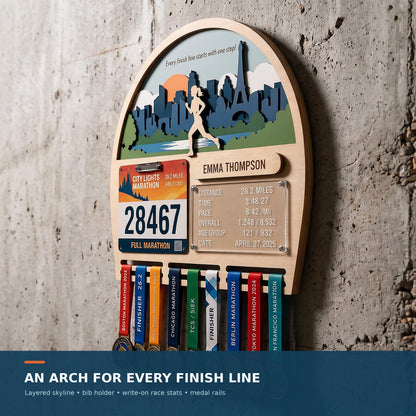 Arch running medal hanger with stats board – on a textured wall