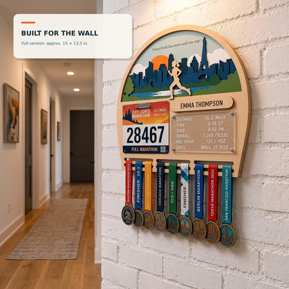 Arch running medal hanger with stats board – in a hallway