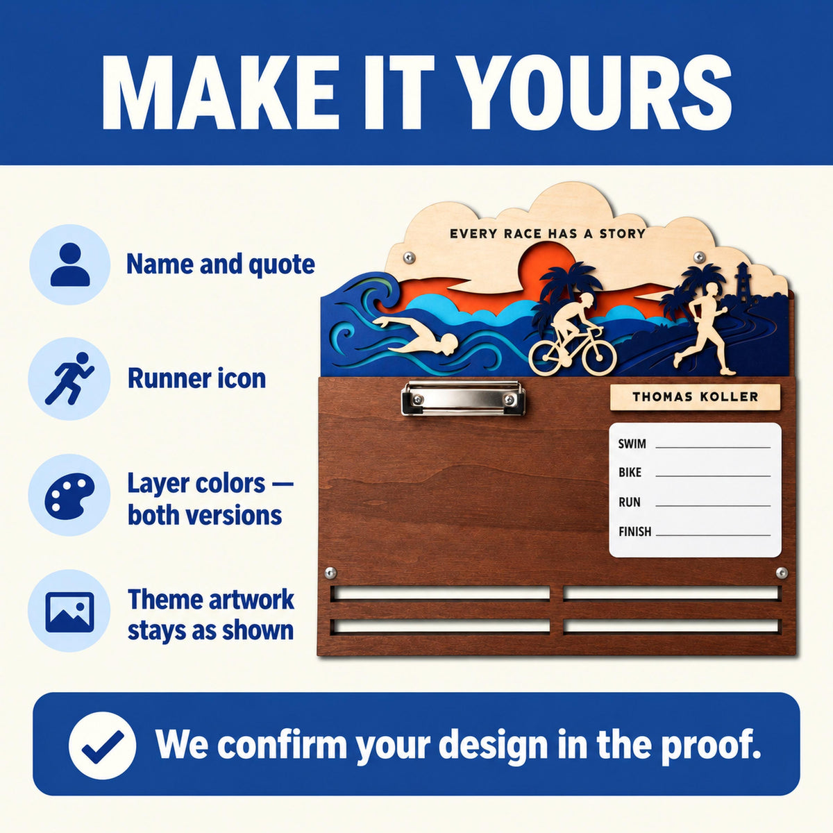 Triathlon medal holder and race bib display – make it yours: name, icon and colors