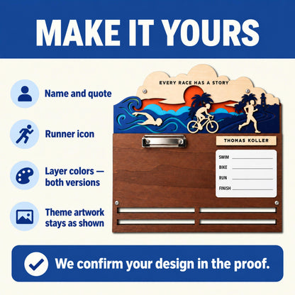 Triathlon medal holder and race bib display – make it yours: name, icon and colors