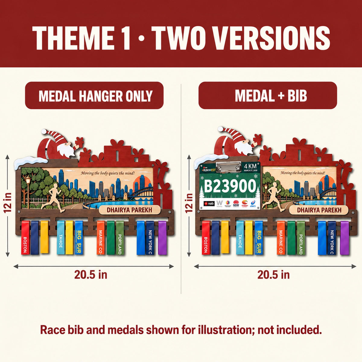 Christmas medal display for runners – medal only or medal and bib versions