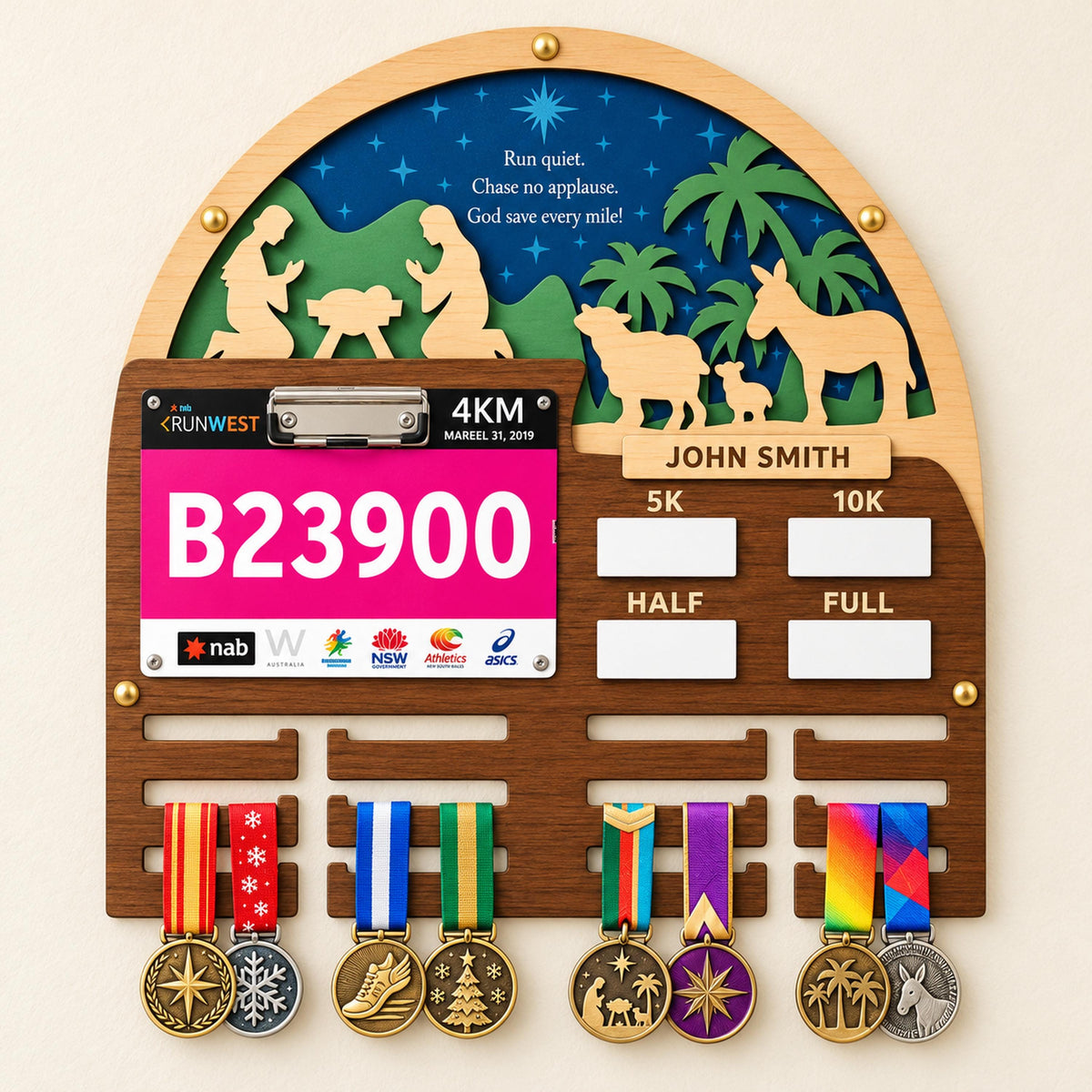 Christmas medal display for runners – Nativity design with bib and PR tiles