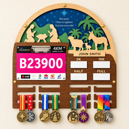 Christmas medal display for runners – Nativity design with bib and PR tiles