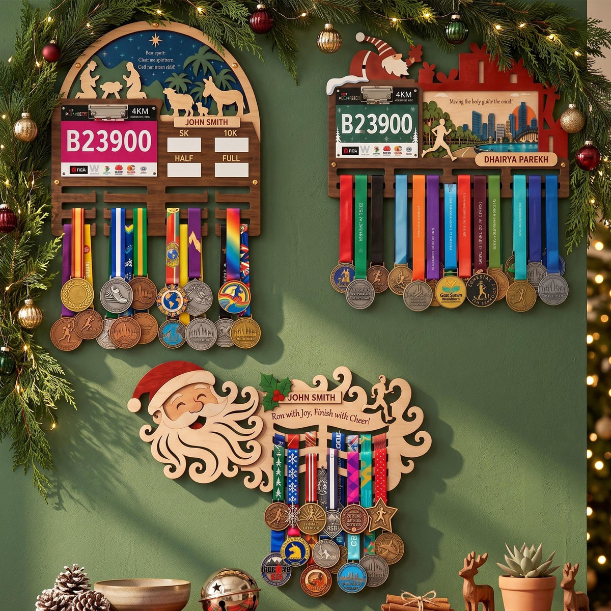 Christmas medal display for runners – Santa designs on a green wall