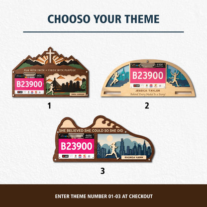 City skyline medal hanger with race bib holder – three design themes