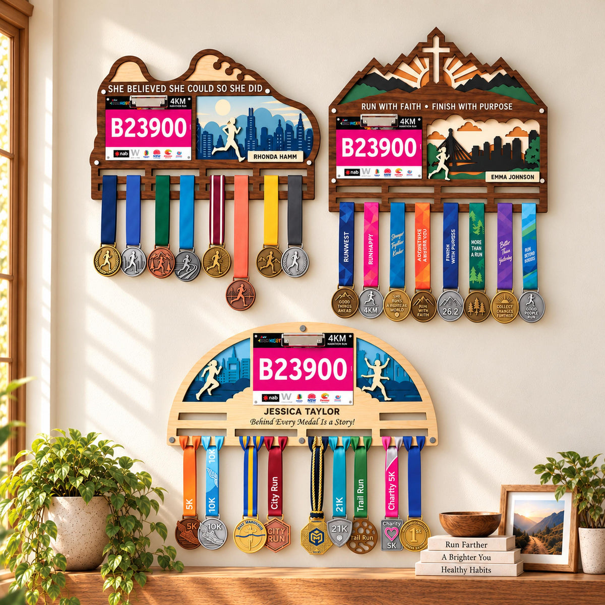 City skyline medal hanger with race bib holder – faith, arch and shoe designs