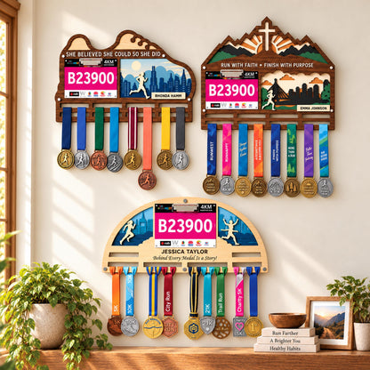 City skyline medal hanger with race bib holder – faith, arch and shoe designs