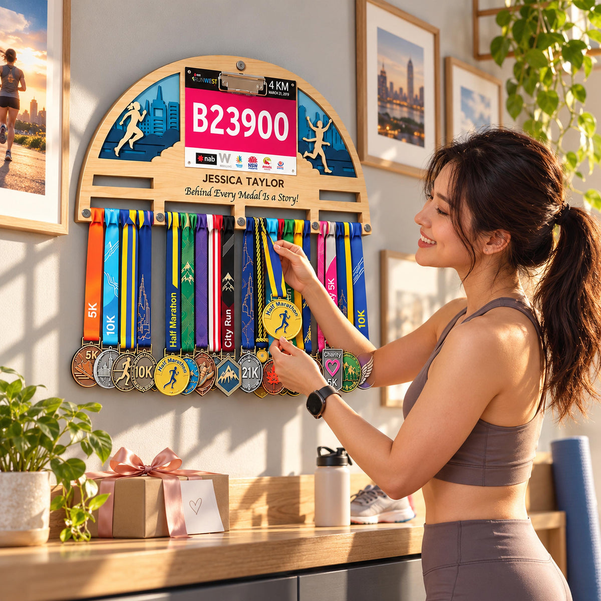 City skyline medal hanger with race bib holder – adding a new finisher medal