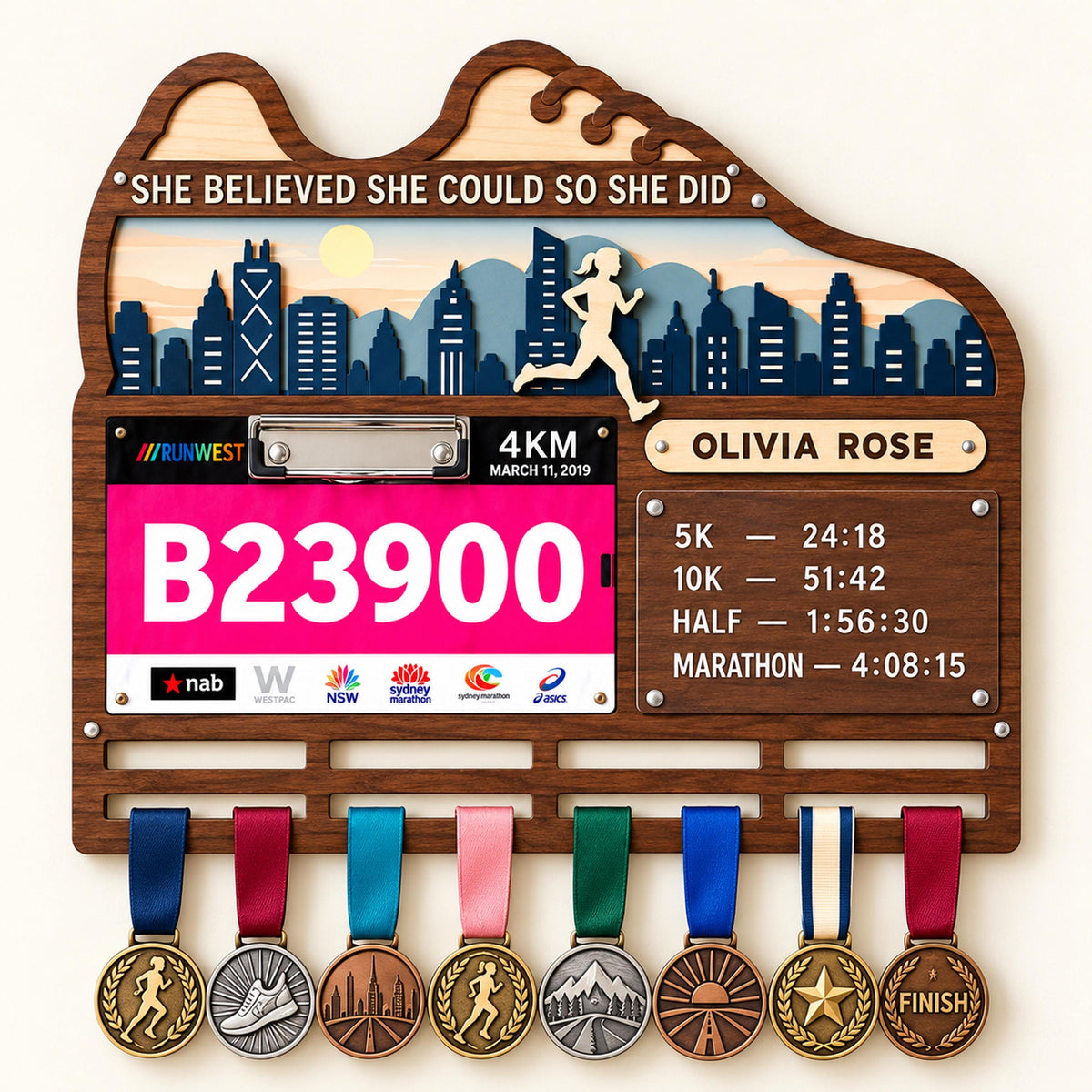 City skyline medal hanger with race bib holder – bib clip and PR times close-up