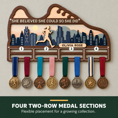 City skyline medal hanger with race bib holder – two-row medal rails