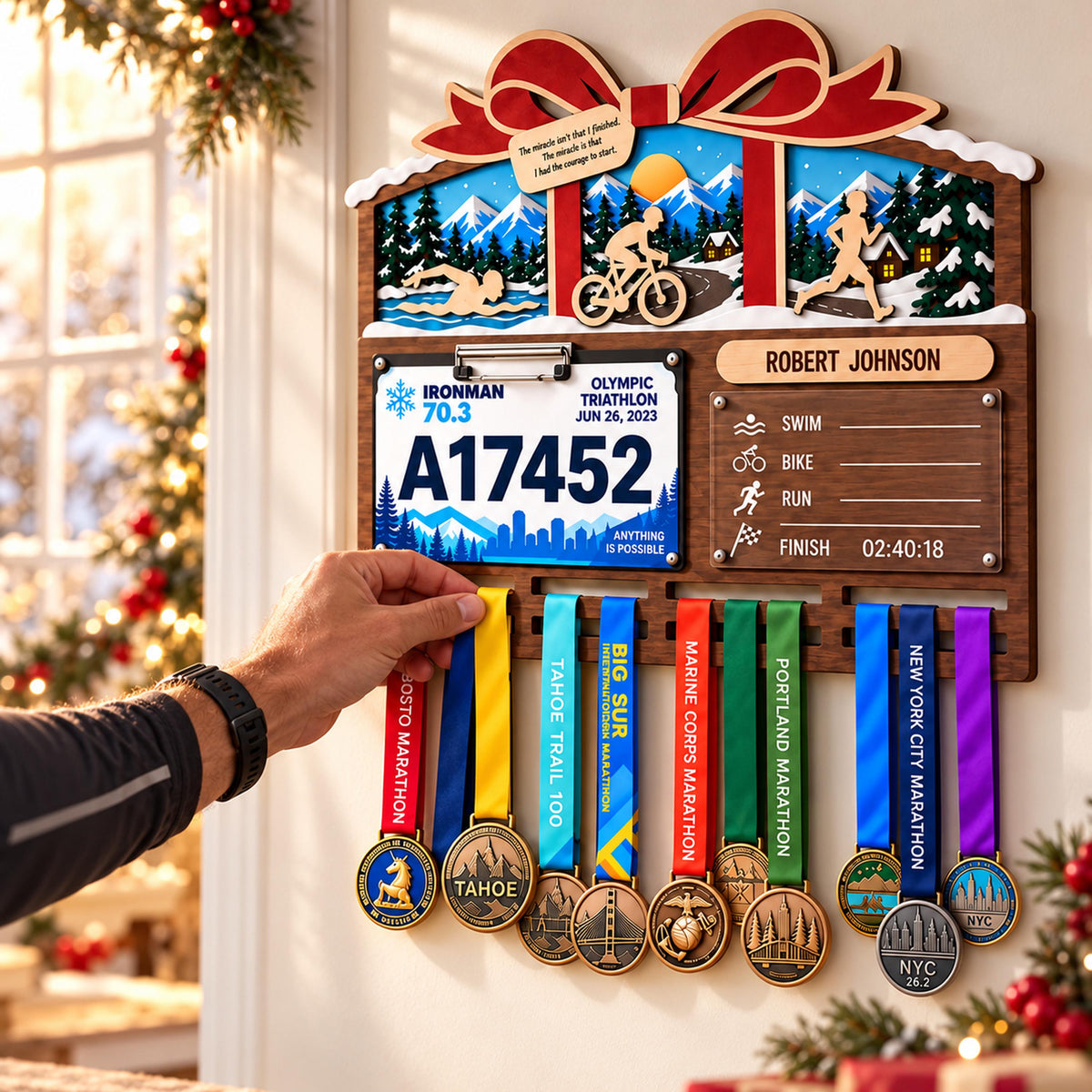 Christmas triathlon medal hanger – hanging a medal on the rail