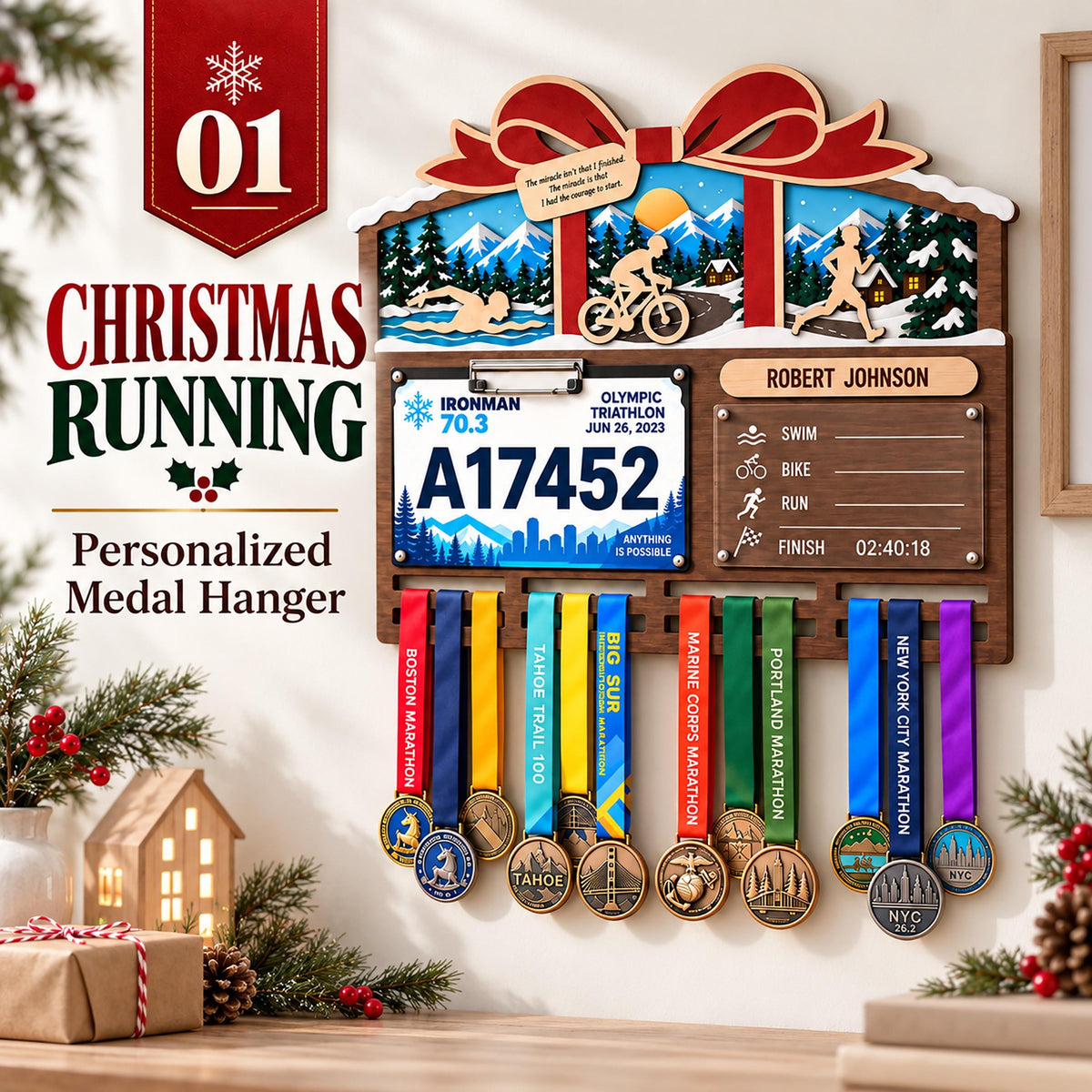 Christmas triathlon medal hanger – personalized medal hanger features