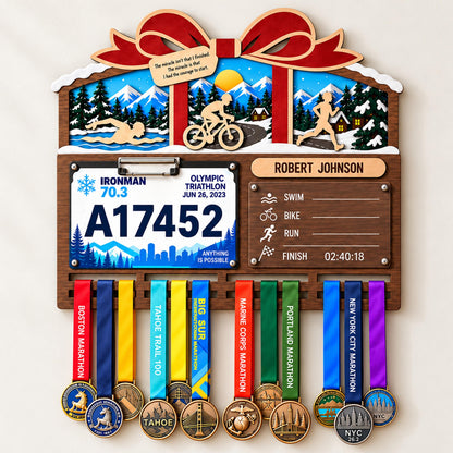 Christmas triathlon medal hanger – gift bow design with bib holder and time board