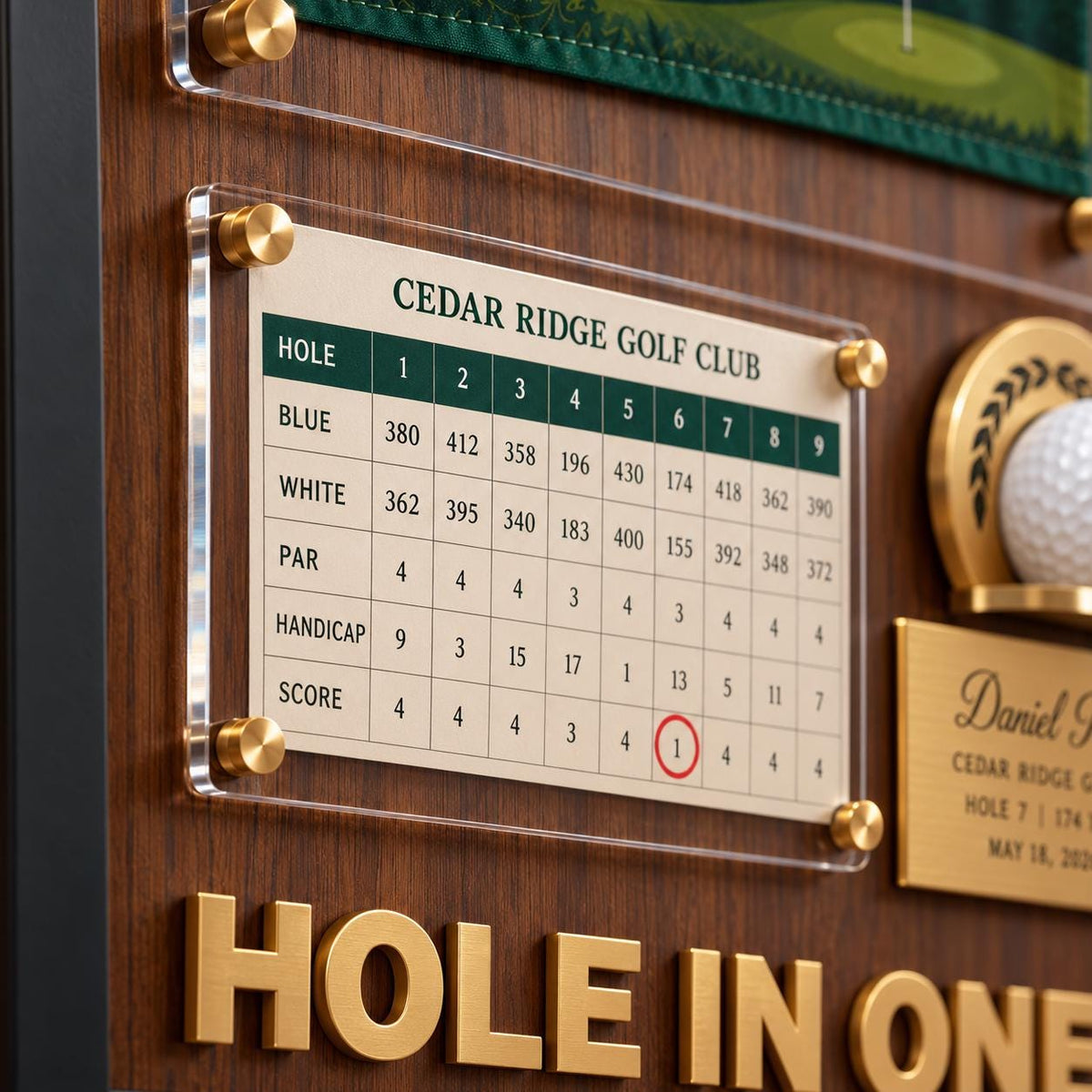 Golf shadow box for a hole in one – scorecard panel close-up