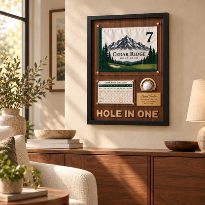 Custom golf trophy for a hole in one – award case on a living room wall