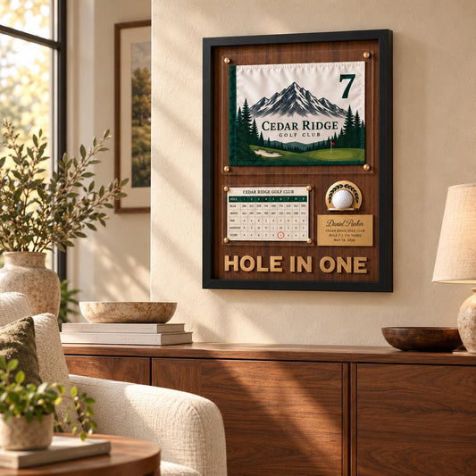 Golf shadow box for a hole in one – on a living room wall