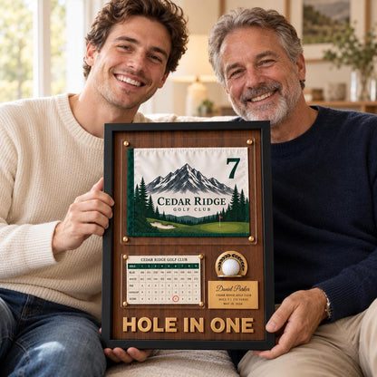 Custom golf trophy for a hole in one – father and son holding the pin flag award case