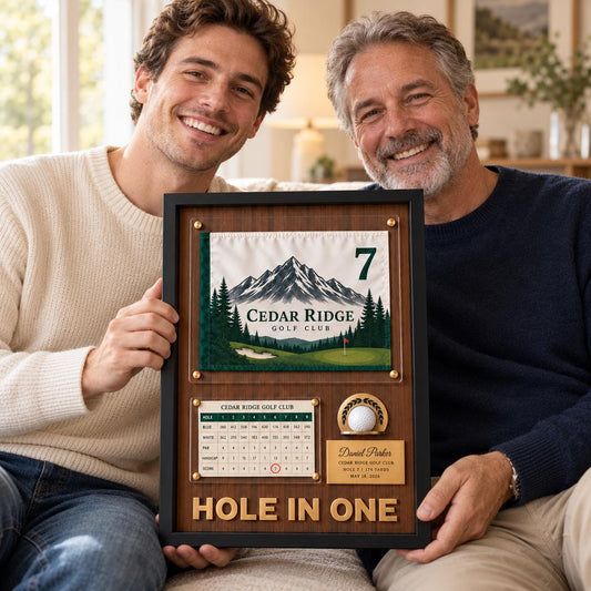 Custom golf trophy for a hole in one – father and son holding the pin flag award case