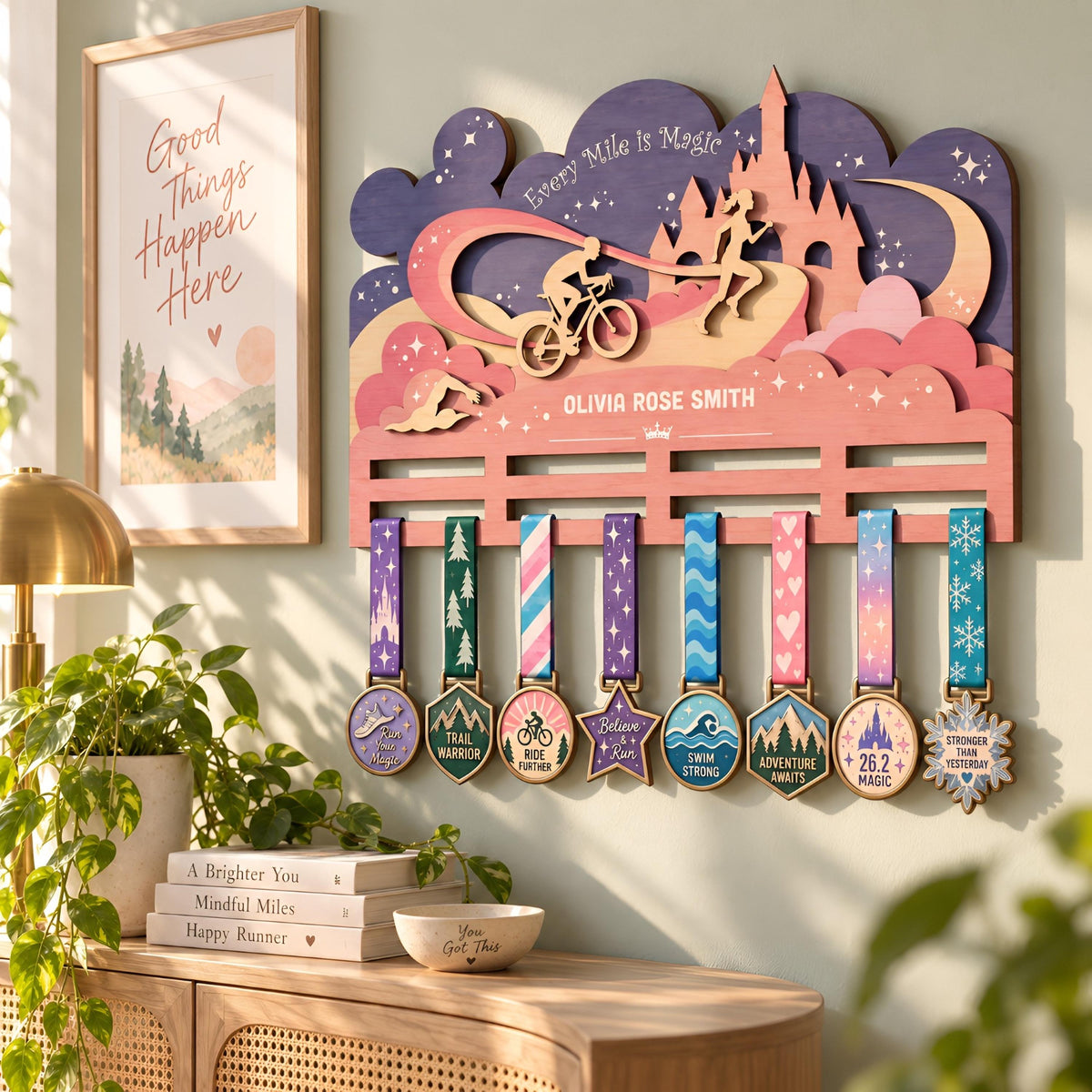 Fairytale castle triathlon medal holder – on a bright wall with plants