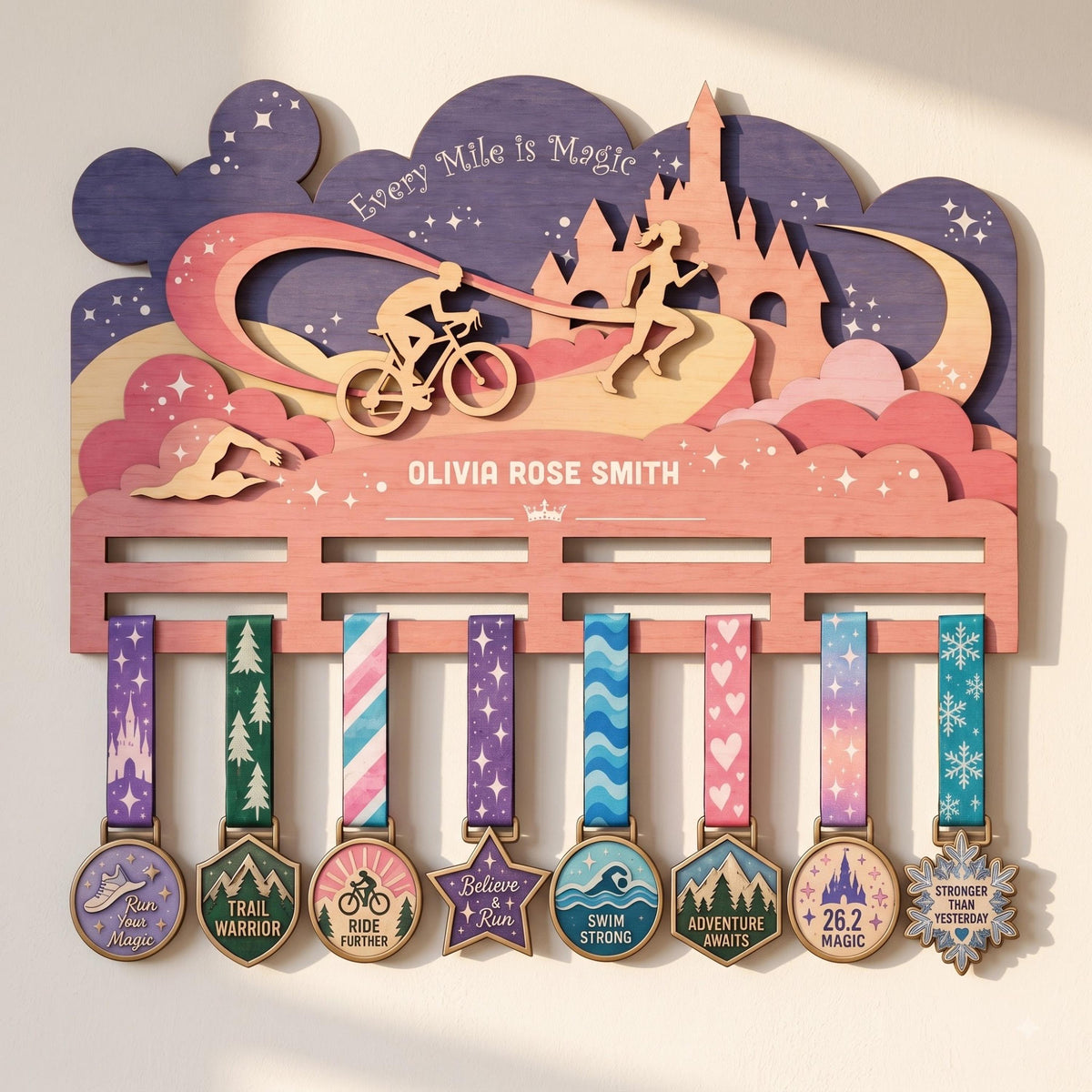 Fairytale castle triathlon medal holder – medals hanging on two rails
