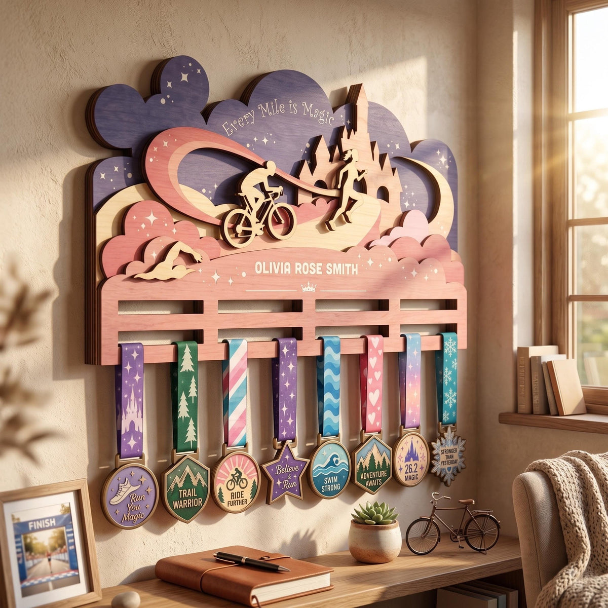 Fairytale castle triathlon medal holder – side view of the layered wood