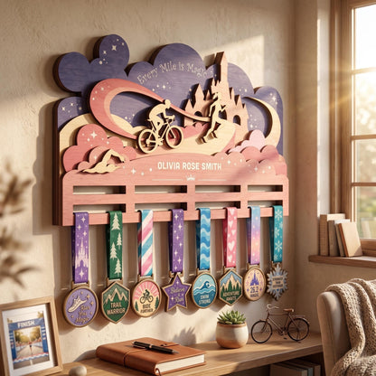 Fairytale castle triathlon medal holder – side view of the layered wood